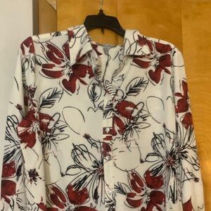 Floral Red and White Women'sblouselittke crystals thruout